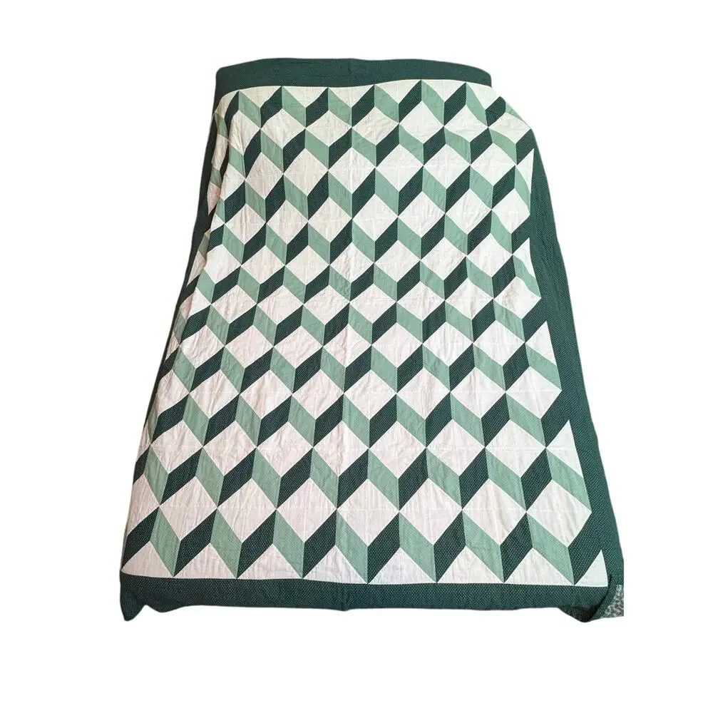 Handmade Cotton Quilt Green Shades & White Tumbling Blocks Geometric Design VTG